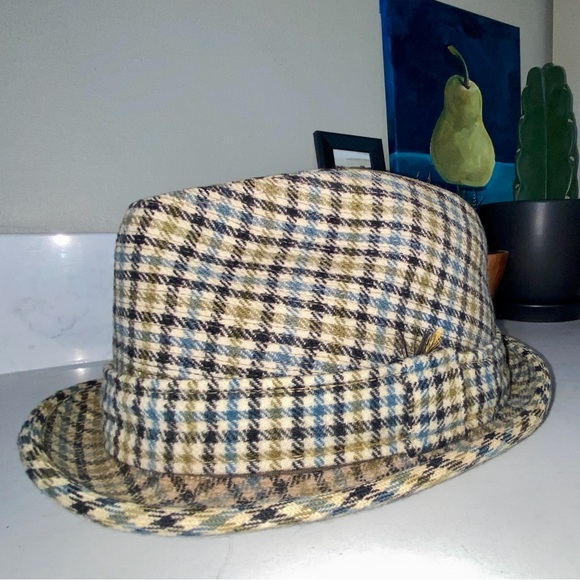 Vintage Snap-Back Crushable Wool Plaid Brown Blue Houndstooth Fedora Hat 7 1/8 - Picture 1 of 10